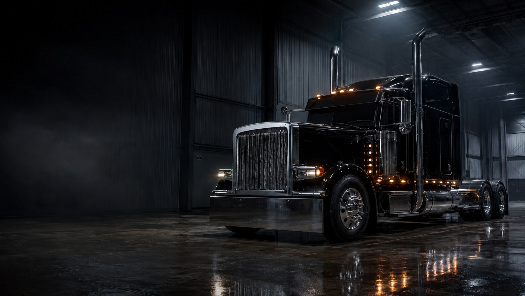 Black heavy-duty truck in a professional workshop