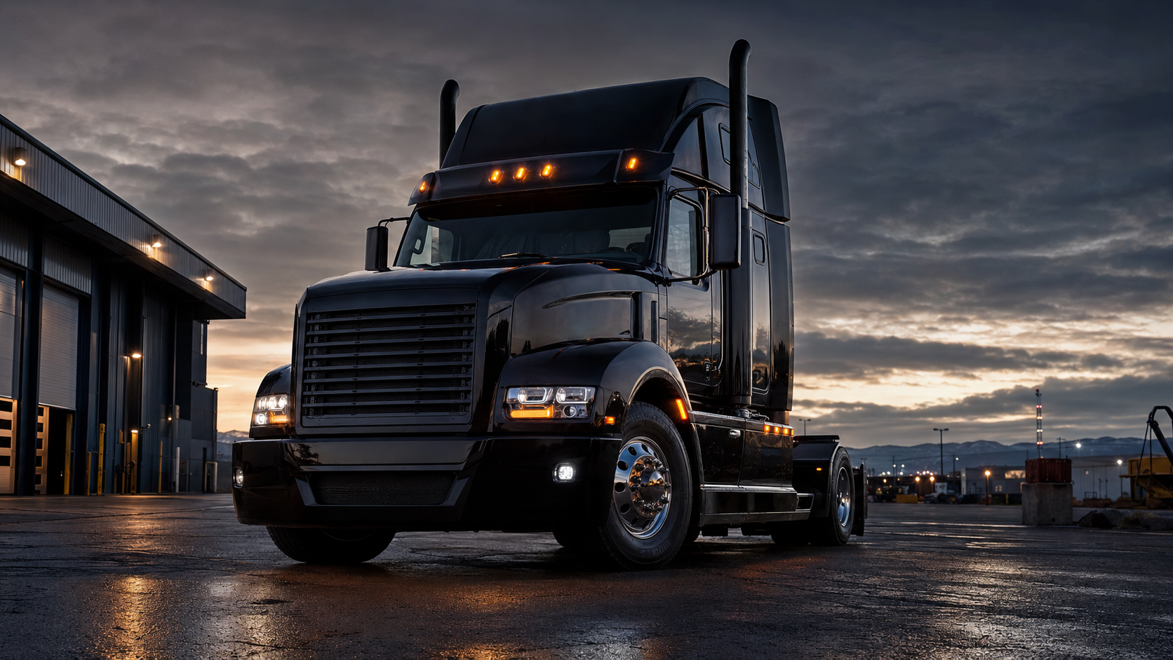 Black heavy-duty semi truck at dusk